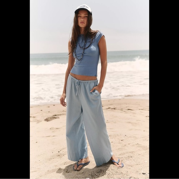 Free People Livin' In It Cotton-Linen Pants in size small in blue bell shade - Picture 1 of 12